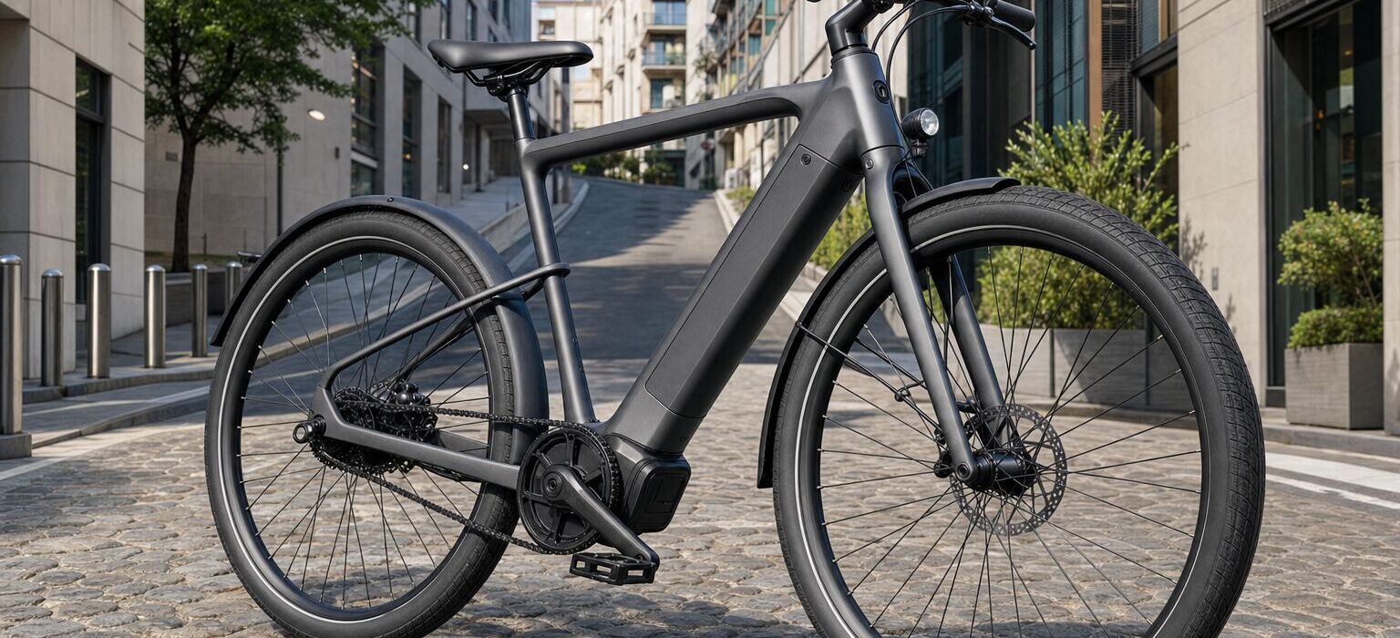 Dettaglio del motore centrale e della batteria integrata nel tubo obliquo di una bici a pedalata assistita