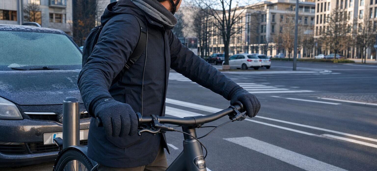 Mani con i guanti sul manubrio di una bicicletta in una mattina invernale, fiato visibile per il freddo