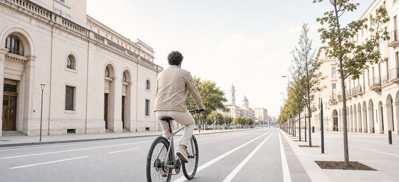 Una persona pedala su una bici da città lungo un ampio viale urbano in una mattina luminosa
