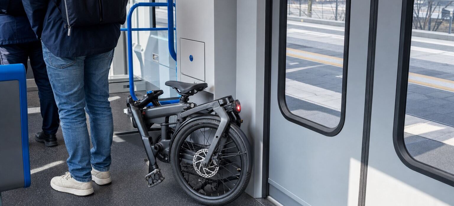 Una bici pieghevole chiusa nel vestibolo di un treno regionale