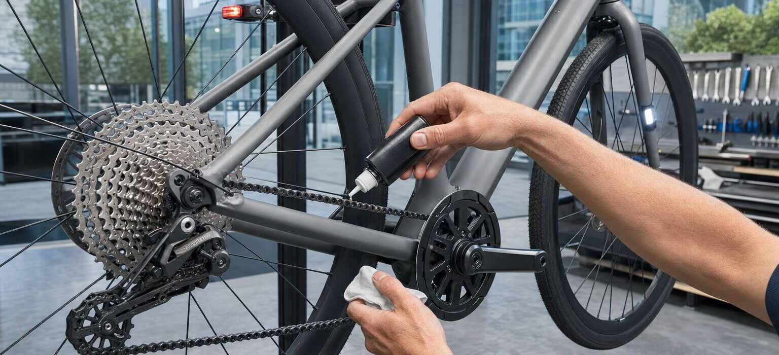 Due mani oliano goccia a goccia la catena di una bicicletta fissata a un cavalletto da officina