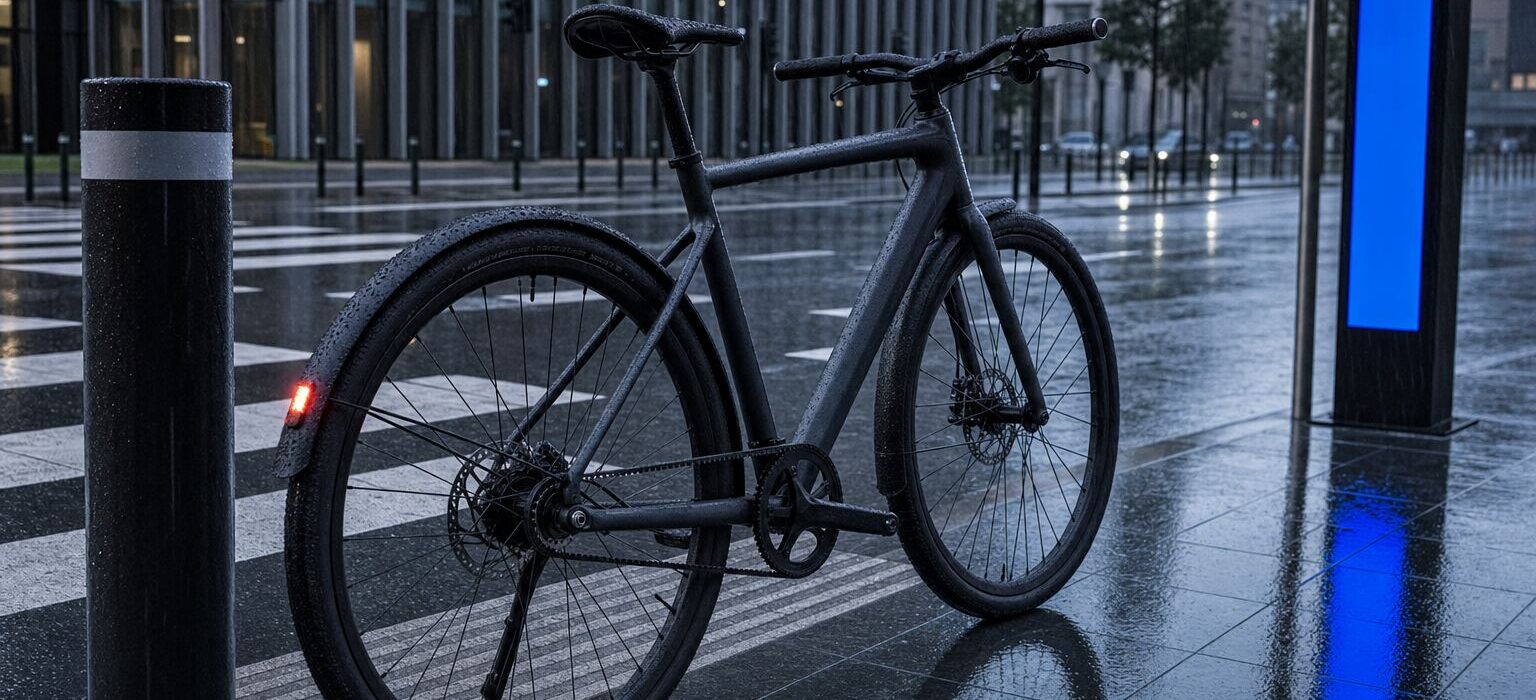 Una city bike con parafanghi integrali su una strada bagnata dalla pioggia, riflessi della luce posteriore sull asfalto