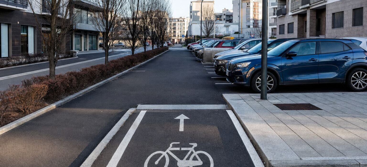 Una corsia ciclabile urbana che si interrompe di colpo dove finisce la segnaletica dipinta