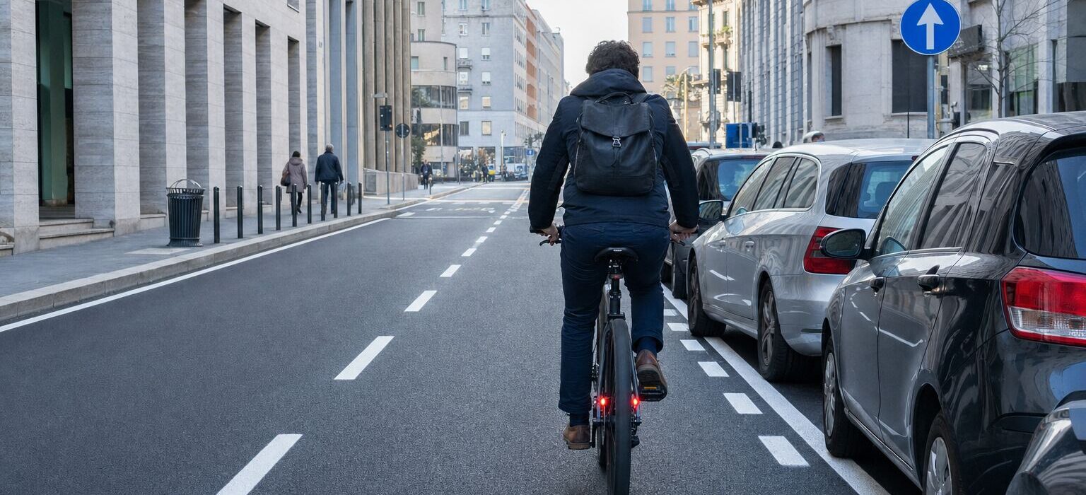 Un ciclista tiene la posizione in carreggiata a circa un metro dalle auto in sosta